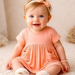 Kate Quinn Peach Bamboo Gathered Waist T-shirt Pocket Dress Baby‎ Girls 6-12M